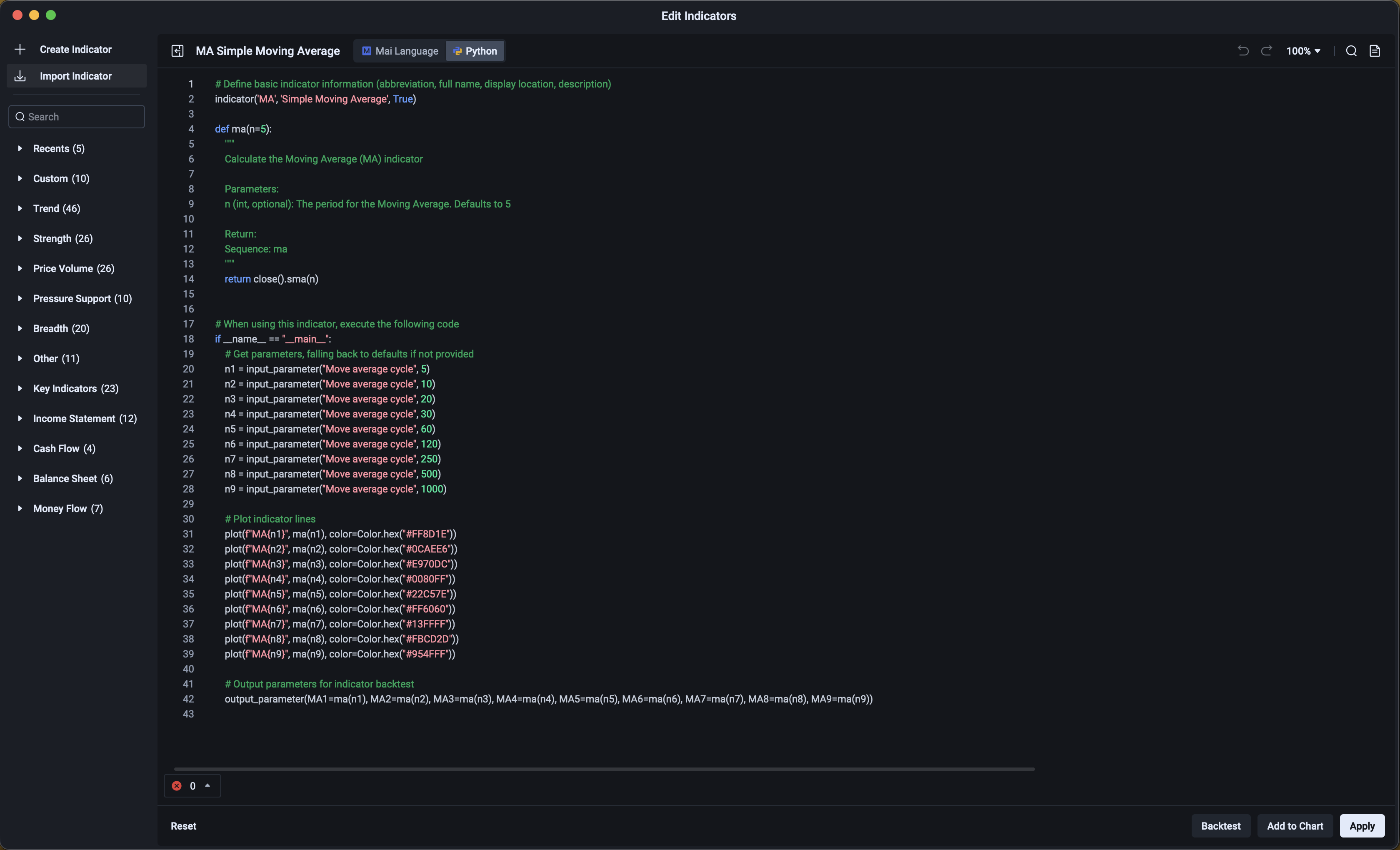 moomoo Edit Indicators with Import Indicator in the top-left sidebar