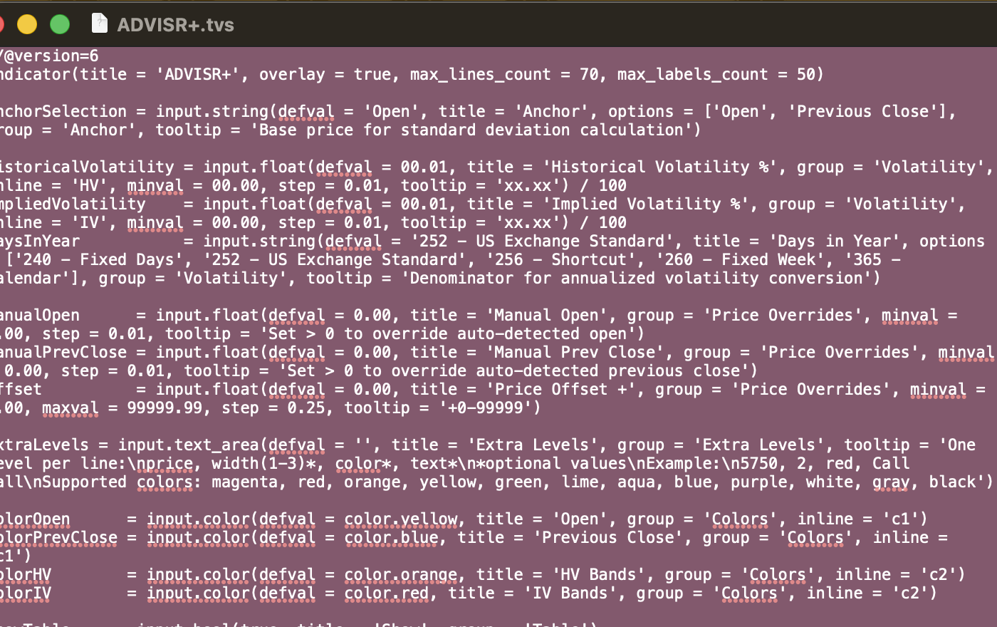 ADVISR Plus Pine Script selected in the supplied script file