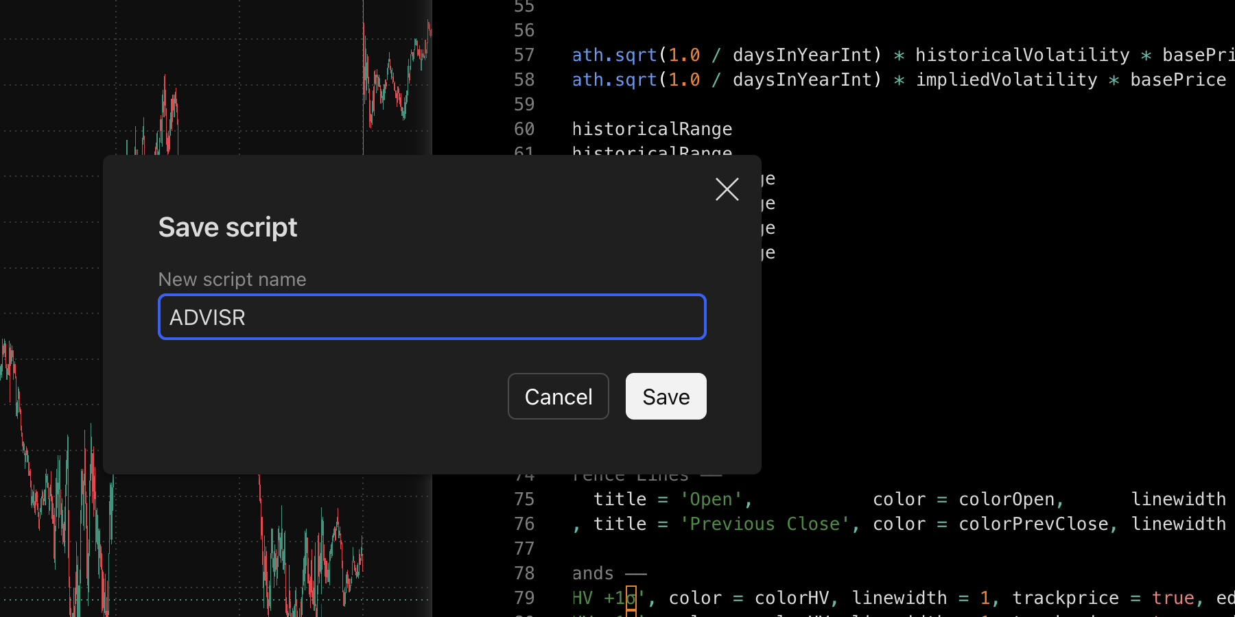 TradingView Save script dialog with ADVISR entered as the script name